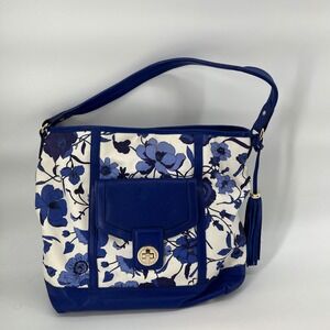 Isaac‎ Mizrahi Floral Hobo Bag Shoulder Bag Blue White Canvas and Leather Tassel